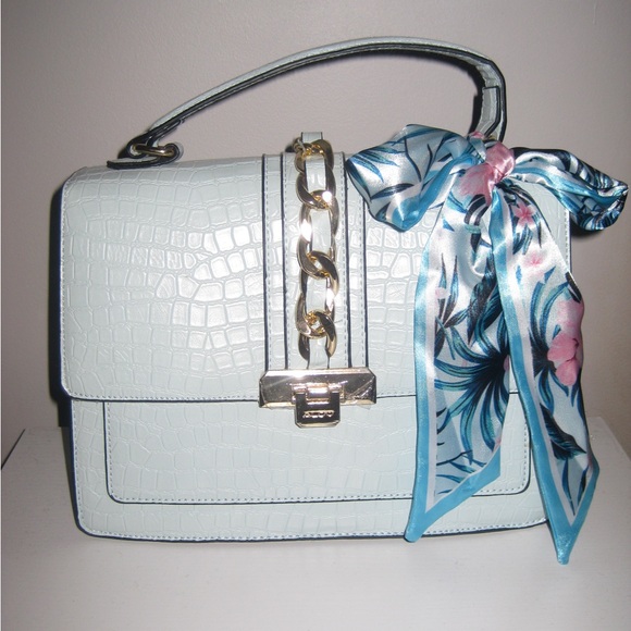 Handbags - Light Blue Croc-Embossed Women's Top-Handle Bag with Scarf